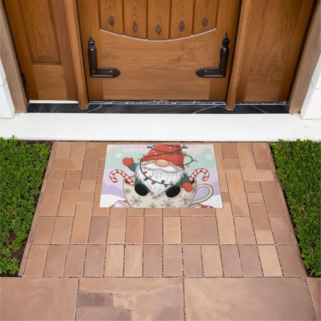 Cute Christmas Gnome in a Teacup Cartoon Doormat (Outdoor)
