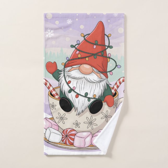 Cute Christmas Gnome in a Teacup Cartoon Hand Towel (Hand Towel)