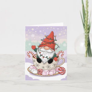 Cute Christmas Gnome in a Teacup Cartoon Holiday Card