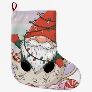 Cute Christmas Gnome in a Teacup Cartoon Large Christmas Stocking