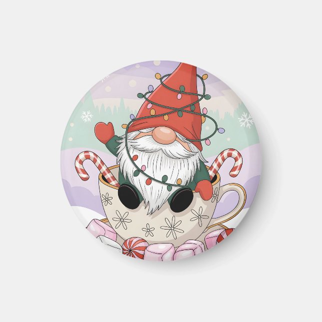 Cute Christmas Gnome in a Teacup Cartoon Magnet (Front)