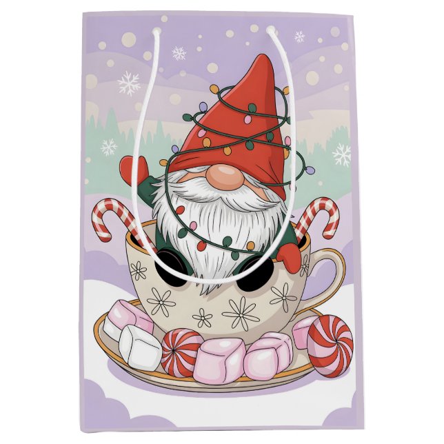 Cute Christmas Gnome in a Teacup Cartoon Medium Gift Bag (Front)