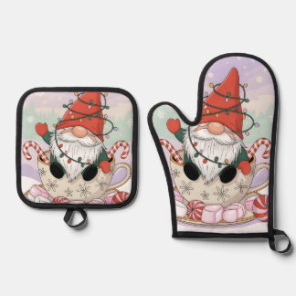 Cute Christmas Gnome in a Teacup Cartoon Oven Mitt & Pot Holder Set