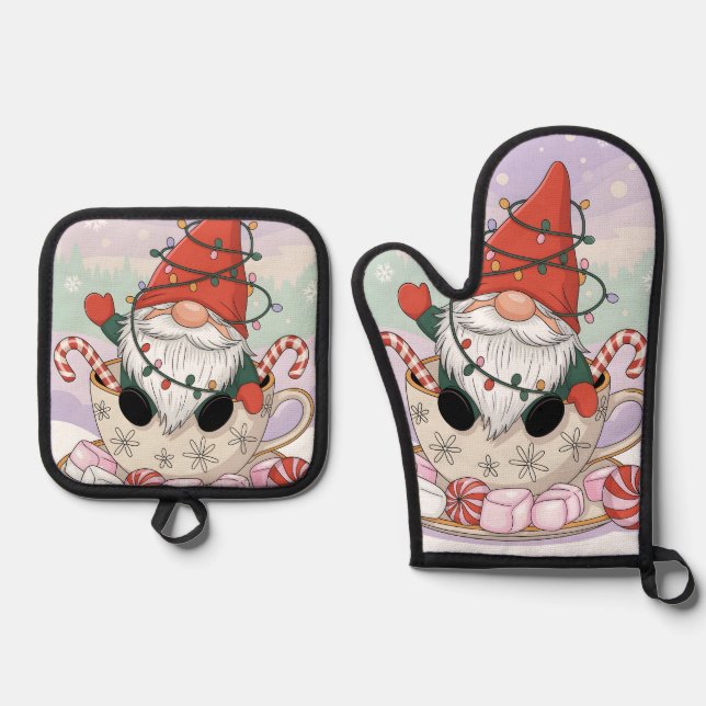 Cute Christmas Gnome in a Teacup Cartoon Oven Mitt & Pot Holder Set (Front)