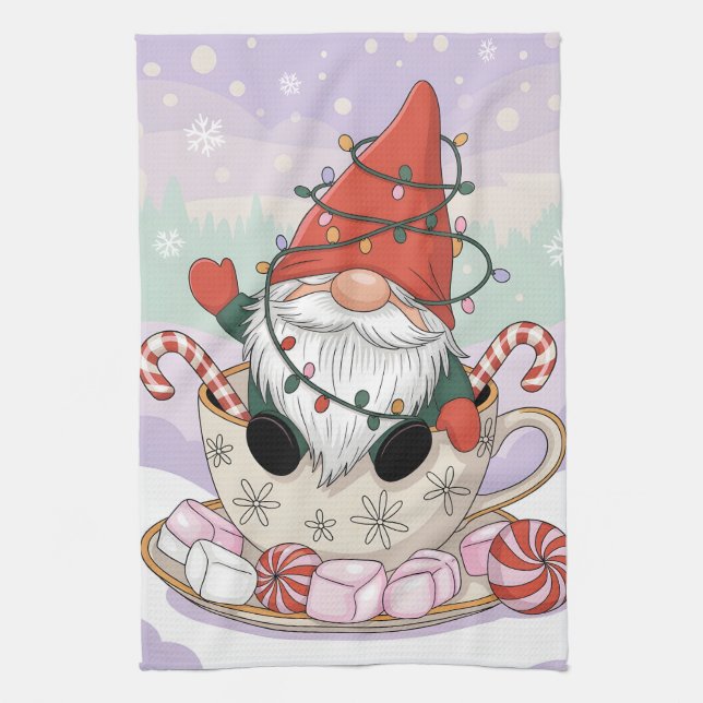 Cute Christmas Gnome in a Teacup Cartoon Tea Towel (Vertical)