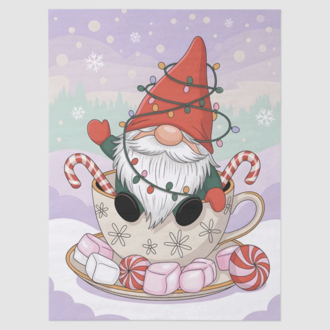 Cute Christmas Gnome in a Teacup Cartoon Tissue Paper (Front)