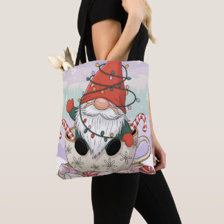 Cute Christmas Gnome in a Teacup Cartoon Tote Bag
