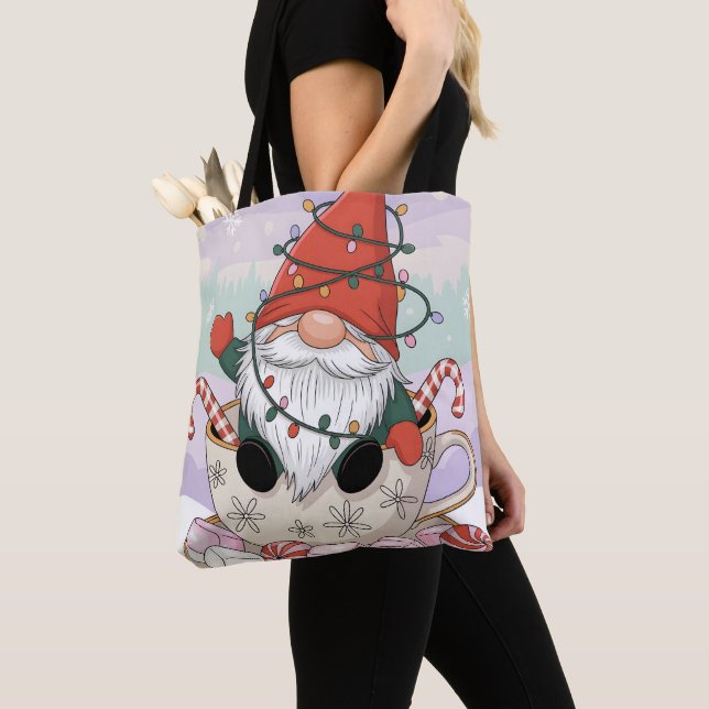 Cute Christmas Gnome in a Teacup Cartoon Tote Bag (Close Up)