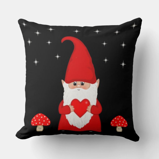 Cute Christmas Gnome on Black Cushion (Front)