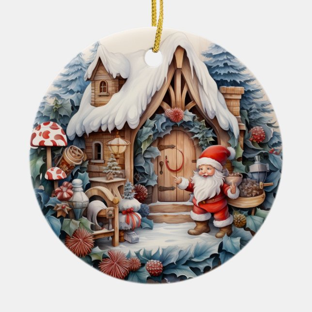Cute Christmas Gnome Personalised  Ceramic Tree Decoration (Front)