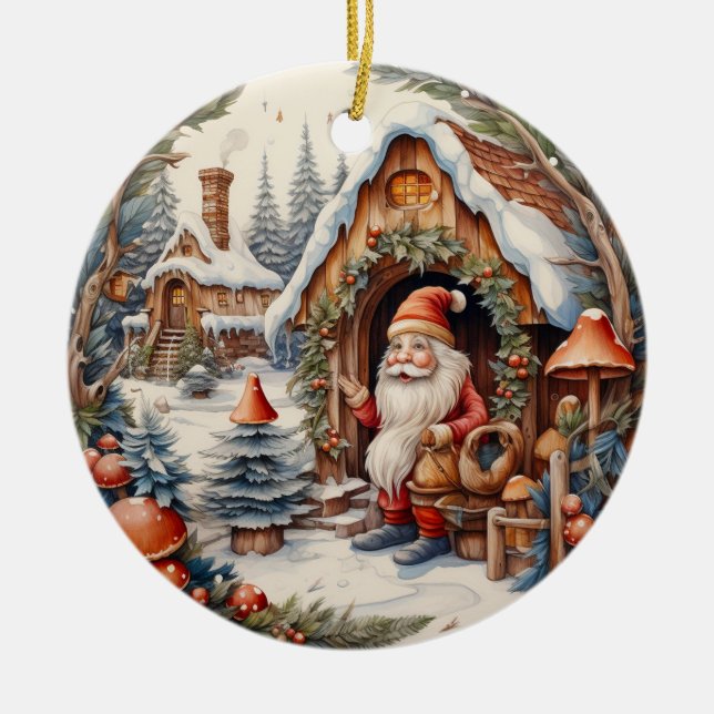 Cute Christmas Gnome Personalised  Ceramic Tree Decoration (Front)