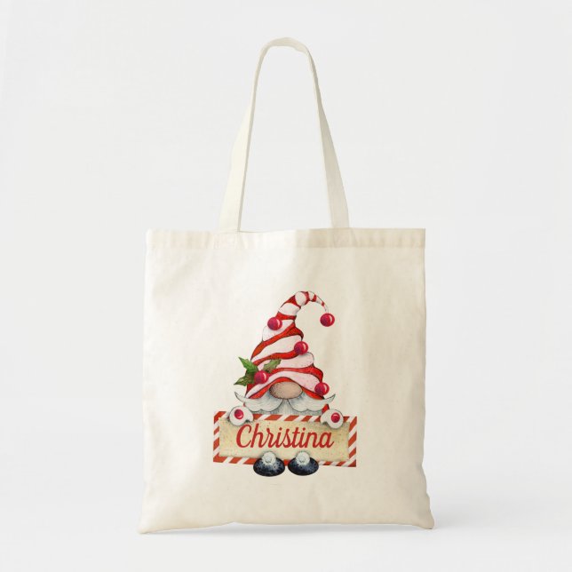 Cute Christmas Gnome Red Striped Hat Custom Name Tote Bag (Front)