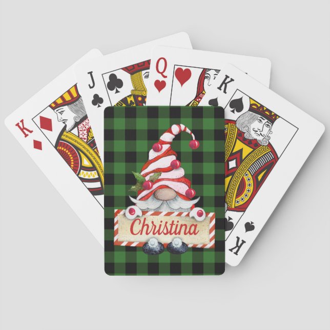 Cute Christmas Gnome Red Striped Hat Green Plaid Playing Cards (Back)