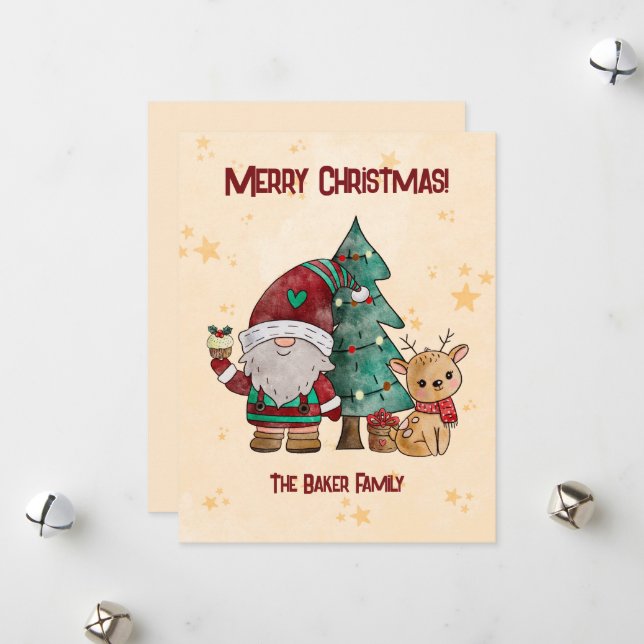 Cute Christmas Gnome Reindeer Holiday Card (Front/Back In Situ)