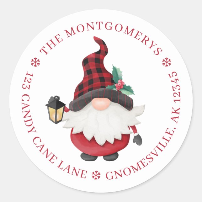 Cute Christmas Gnome Return Address Classic Round Sticker (Front)