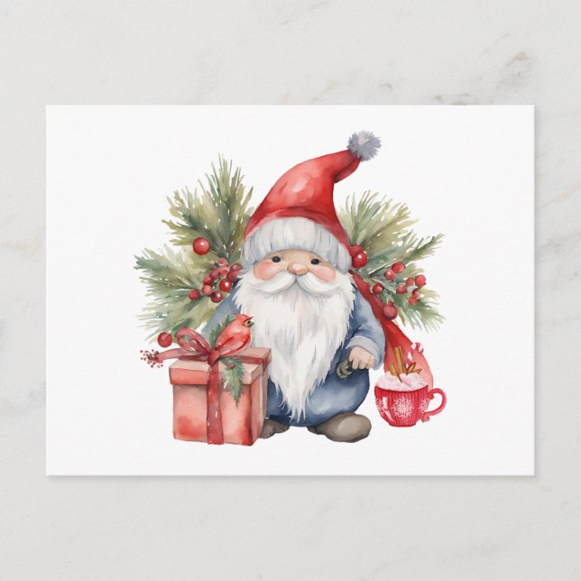 Cute Christmas Gnome Watercolor  Holiday Postcard (Front)