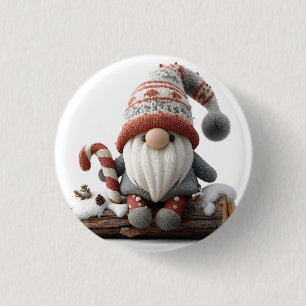 Cute Christmas Gnome with a Candy Cane on a Log 3 Cm Round Badge