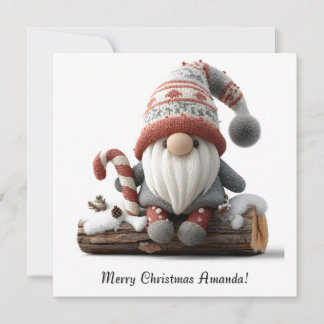 Cute Christmas Gnome with a Candy Cane on a Log Card