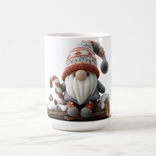 Cute Christmas Gnome with a Candy Cane on a Log Coffee Mug