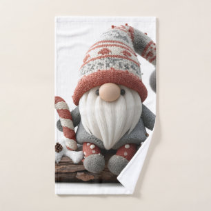 Cute Christmas Gnome with a Candy Cane on a Log Hand Towel