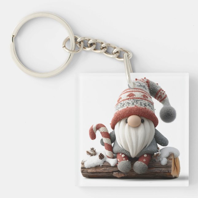 Cute Christmas Gnome with a Candy Cane on a Log Key Ring (Front)