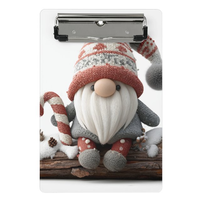 Cute Christmas Gnome with a Candy Cane on a Log Mini Clipboard (Front)