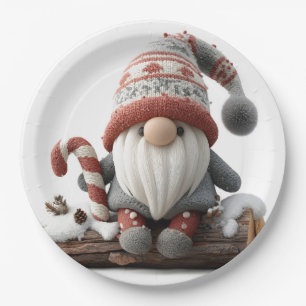 Cute Christmas Gnome with a Candy Cane on a Log Paper Plate