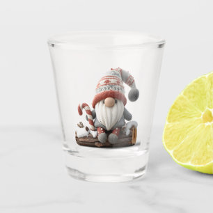 Cute Christmas Gnome with a Candy Cane on a Log Shot Glass
