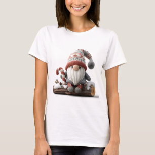 Cute Christmas Gnome with a Candy Cane on a Log T-Shirt