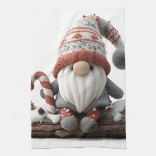 Cute Christmas Gnome with a Candy Cane on a Log Tea Towel