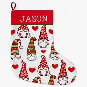 Cute Christmas Gnomes and Red Heart  Large Christmas Stocking