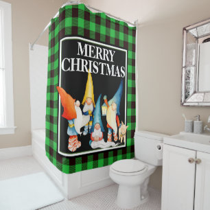Cute Christmas Gnomes Blue & Black Buffalo Plaid Shower Curtain