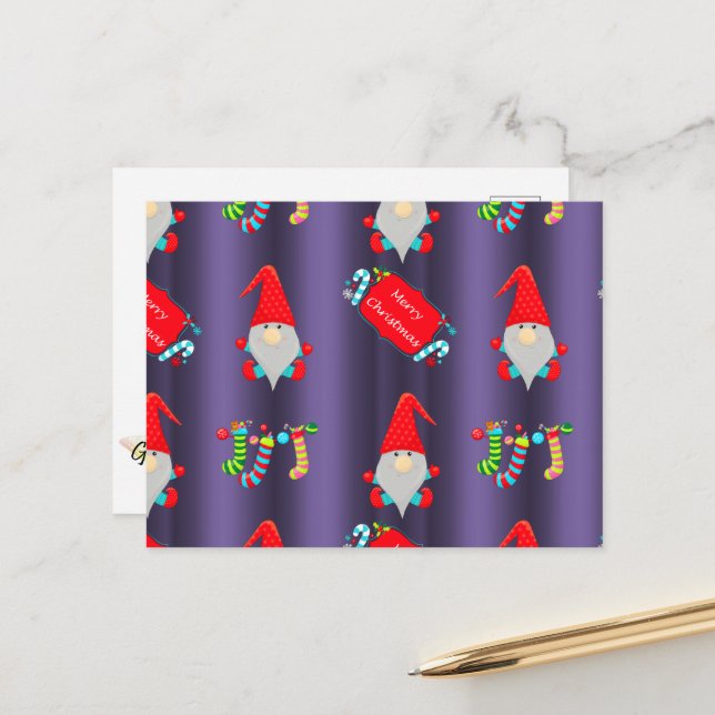 Cute Christmas Gnomes Blue Postcard (Front/Back In Situ)