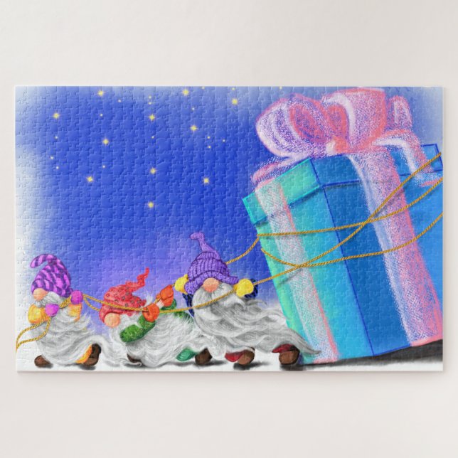 Cute Christmas Gnomes Bring A Great Gift - Drawing Jigsaw Puzzle (Horizontal)