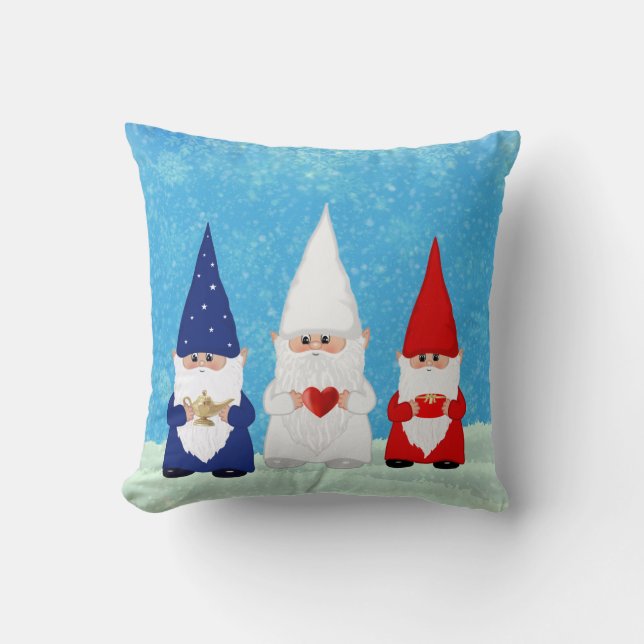 Cute Christmas Gnomes Dressed in Blue Red & White Cushion (Front)