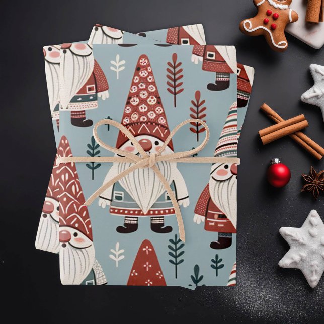 Cute Christmas Gnomes in Red and Grey Wrapping Paper Sheet (Creator Uploaded)