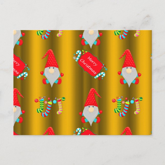 Cute Christmas Gnomes on Gold Postcard (Front)