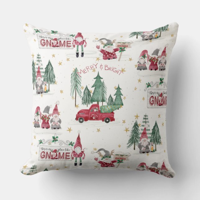 Cute Christmas Gnomes Red Truck Forest Trees Holly Cushion (Front)