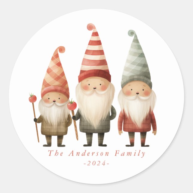Cute Christmas Gnomes Round Stickers (Front)