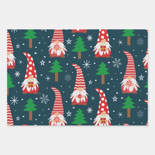 Cute Christmas Gnomes with trees and snowflakes  Wrapping Paper Sheet (Front)