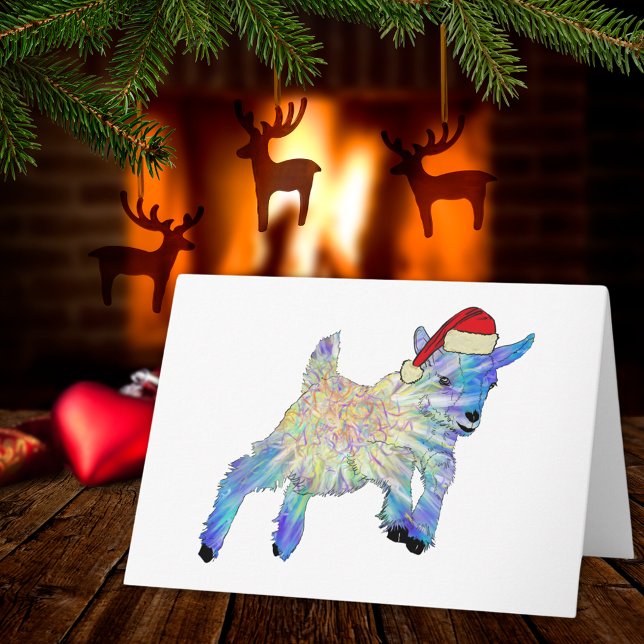 Cute Christmas Goat Colourful Farm Animal Art Card (Cute christmas pigmy goat wearing a santa hat, colorful farm animal art holiday greetings card)