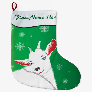 Cute Christmas Goat Green YOUR NAME HERE Large Christmas Stocking