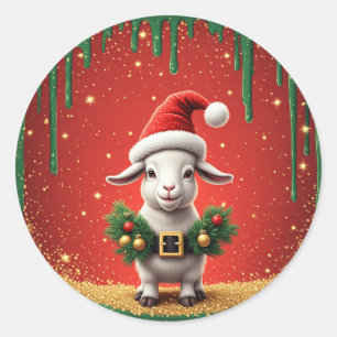 Cute Christmas Goat in Santa Hat Festive Design Classic Round Sticker