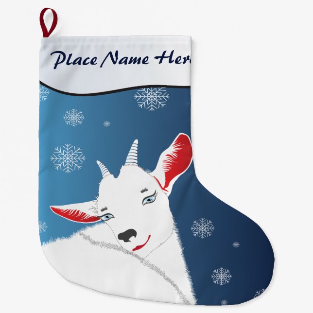 Cute Christmas Goat Midnight BlueYOUR NAME HERE Large Christmas Stocking (Front)