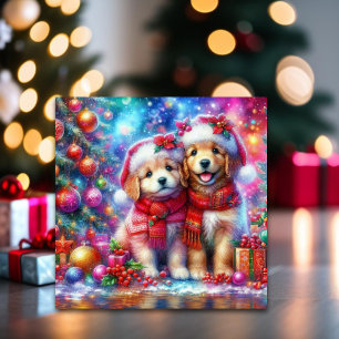 Cute Christmas Golden Retriever Puppies Christian  Holiday Card