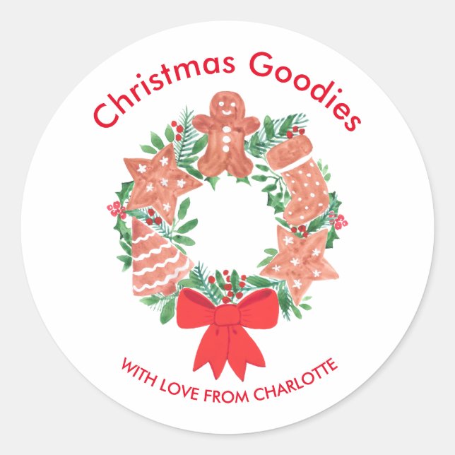 Cute Christmas Goodies Wreath Name Classic Round Sticker (Front)