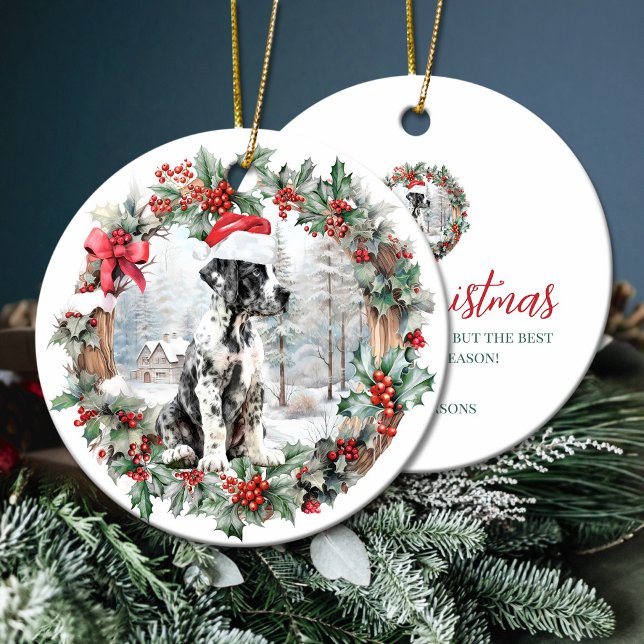 Cute Christmas great dane dog puppy Santa hat Ceramic Tree Decoration (Cute Christmas great dane dog puppy Santa hat Ceramic Ornament)