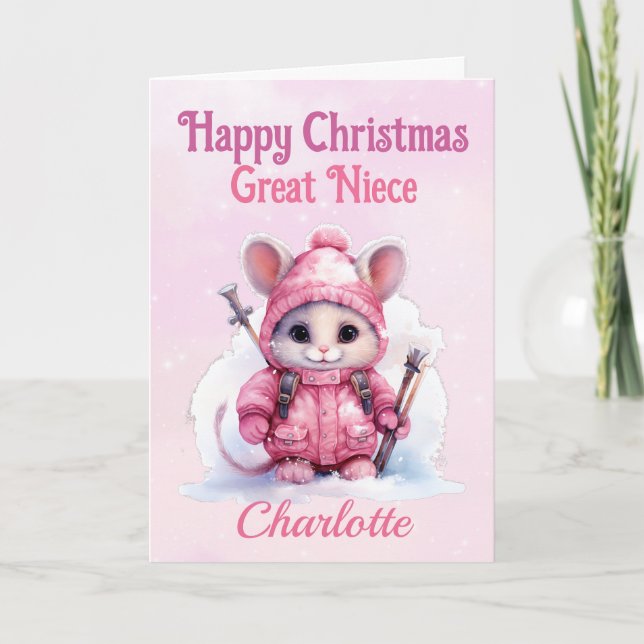 Cute Christmas Great Niece Pink Winter Mouse Holiday Card (Front)