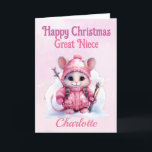 Cute Christmas Great Niece Pink Winter Mouse Holiday Card<br><div class="desc">A cute Christmas card designed for a special great / grand Niece . Design of a cute baby mouse in a pink winter coat and hat and a pale pink and white snowy background . All text can be amended as needed . Customised by changing the title and who for...</div>