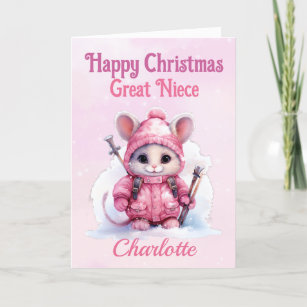 Cute Christmas Great Niece Pink Winter Mouse Holiday Card